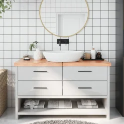 Best Muebles tifón Encimera baño madera maciza tratada marrón claro 140x40x(2-6)cm Marrón